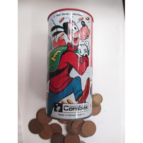 46 - AN EARLY MICKEY MOUSE MUSICAL MONEY BOX FULL OF OLD BRITISH COINS (SAMPLE SHOWN)