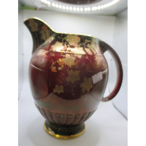 14 - LARGE CROWN DEVON ROUGE ROYALE JUG, A155 IMPRESSED MARK, GRAPEVINE PATTERN. 22CM