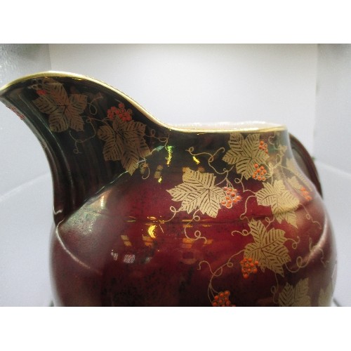 14 - LARGE CROWN DEVON ROUGE ROYALE JUG, A155 IMPRESSED MARK, GRAPEVINE PATTERN. 22CM