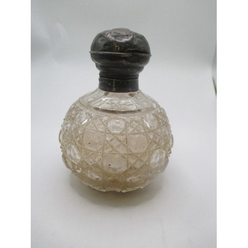 54 - EDWARDIAN CUT GLASS SCENT BOTTLE, HOBNAIL CUT DESIGN WITH SILVER LID WITH EMBOSSED CHERUBS. BIRMINGH... 