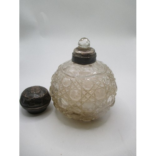 54 - EDWARDIAN CUT GLASS SCENT BOTTLE, HOBNAIL CUT DESIGN WITH SILVER LID WITH EMBOSSED CHERUBS. BIRMINGH... 