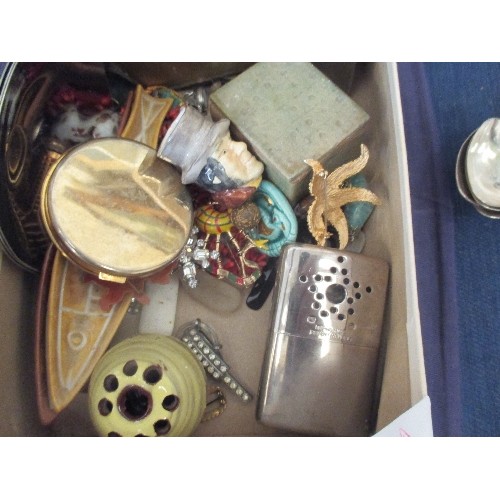 32A - SHOEBOX FULL OF VINTAGE COSTUME JEWELLERY, BOXES, TINS, PLAYING CARDS, COMPACT MIRROR, PEN-KNIFE ETC... 