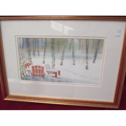 119A - FRAMED WATERCOLOUR, SIGNED BY THE ARTIST, OF SEATS IN THE SNOW. 41 X 30CM FRAME