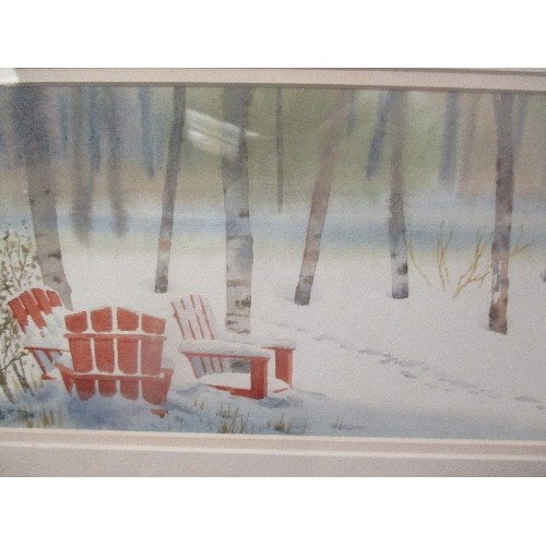 119A - FRAMED WATERCOLOUR, SIGNED BY THE ARTIST, OF SEATS IN THE SNOW. 41 X 30CM FRAME