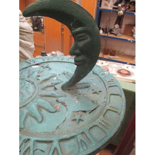 451 - CAST IRON PAINTED SUNDIAL WITH SUN AND A CRESCENT MOON POINTER - 68CM