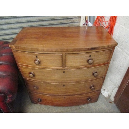 454 - VICTORIAN MAHOGANY BOW FRONTED CHEST OF DRAWERS, 2 OVER 4. 92CM X 50CM X 90CM. BASICALLY SOUND BUT S... 