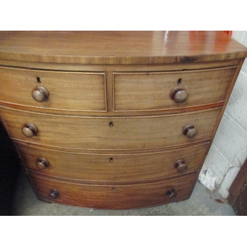 454 - VICTORIAN MAHOGANY BOW FRONTED CHEST OF DRAWERS, 2 OVER 4. 92CM X 50CM X 90CM. BASICALLY SOUND BUT S... 