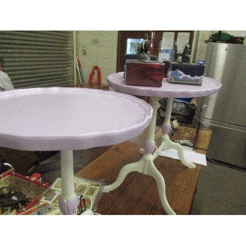 459 - TWO MID CENTURY OCCASIONAL TABLES ON QUEEN ANNE LEGS PAINTED IN LILAC AND OFF WHITE COLOURS