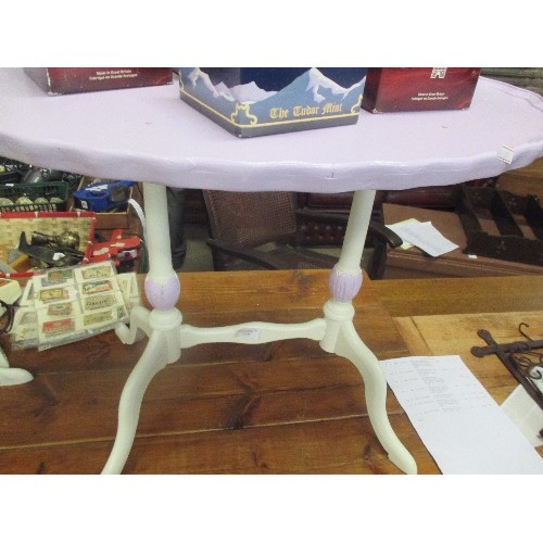 459 - TWO MID CENTURY OCCASIONAL TABLES ON QUEEN ANNE LEGS PAINTED IN LILAC AND OFF WHITE COLOURS