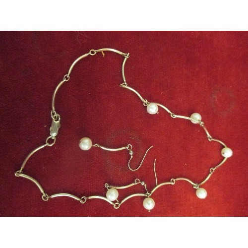 28B - A 925 SILVER NECKLACE WITH NATURAL PEARLS AND MATCHING EARRINGS - PEARLS APPROX 7MM DIA. PAIR OF 925... 