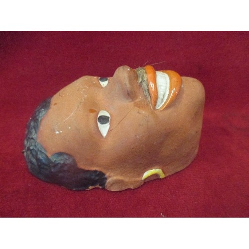 4 - 1940'S TERRACOTTA WALL HEAD - CREOLE MAN WITH GLAZED LIPS AND HAIR AND APPLIED MOUSTACHE