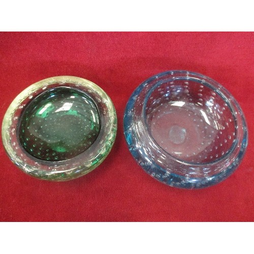 1 - TWO CONTROLLED BUBBLE GLASS BOWLS, ONE GREEN, ONE BLUE - PROBABLY WHITEFRIARS GLASS