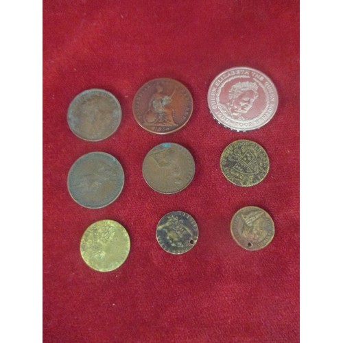 42 - COLLECTION OF ODD COINS INCLUDING £5 COIN, 1854 PENNY (FINE) 2 PENNIES (AUSTRALIA)  3 GEORGE III TOK... 