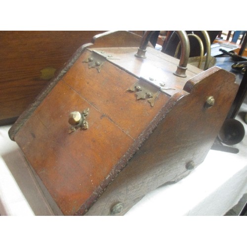 274 - EDWARDIAN WOODEN COAL BOX/SCUTTLE. 36CM H. HEAVY BRASS HANDLE, HINGES AND KNOB.