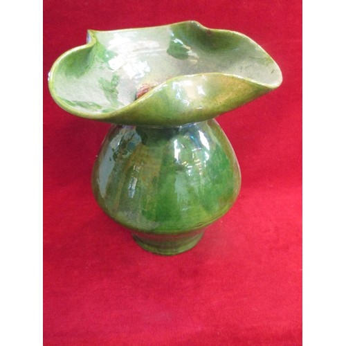 9 - LARGE LATE 19TH CENTURY ARTS AND CRAFTS GREEN GLAZED EARTHENWARE VASE WITH FLARED TOP - 26CM