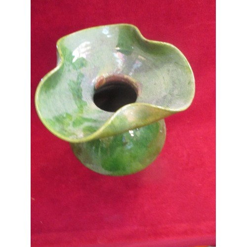 9 - LARGE LATE 19TH CENTURY ARTS AND CRAFTS GREEN GLAZED EARTHENWARE VASE WITH FLARED TOP - 26CM