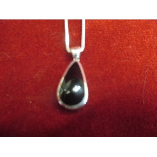 23 - STERLING SILVER NECKLACE WITH WHITBY JET AND MOTHER OF PEARL PENDANT - IN ORIGINAL W HAMOND BOX 