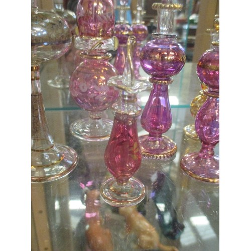 13 - SIX VERY FINE HAND BLOWN VENETIAN GLASS SCENT BOTTLES WITH STOPPERS - ALL DIFFERENT SHAPES AND STYLE... 