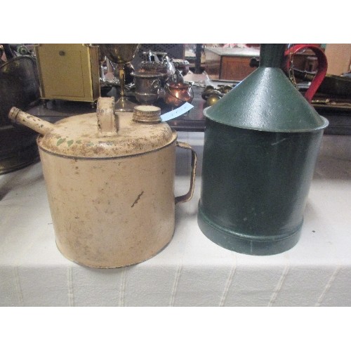 275A - 2 VINTAGE PETROL CANS. THE GREEN ONE HAS CORK STOPPER ON A CHAIN, AND IS TALLEST AT 30CM.H.