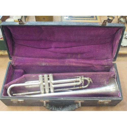 468 - VINTAGE SILVER PLATED TRUMPET  - WITH ANCHOR MARK-  ENGRAVING TO THE FLARED END -IN A CASE