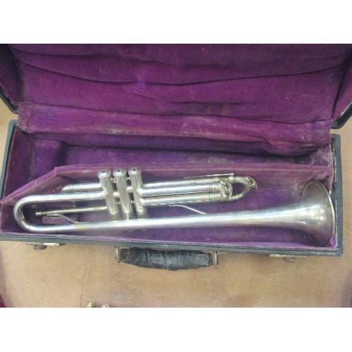 468 - VINTAGE SILVER PLATED TRUMPET  - WITH ANCHOR MARK-  ENGRAVING TO THE FLARED END -IN A CASE