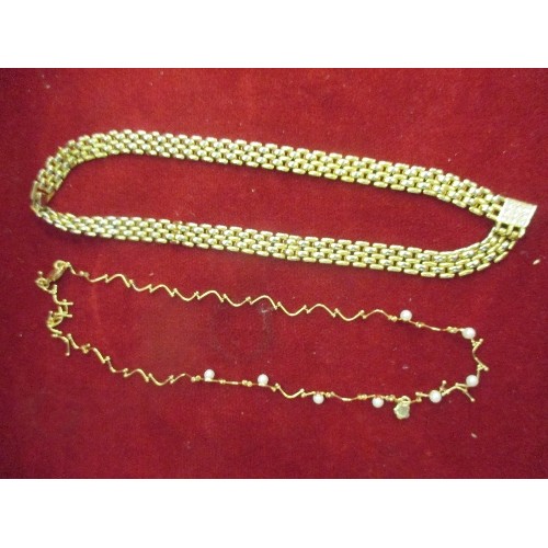 31 - GOLD PLATED NECKLACE WITH  DIAMANTE  INSERT AND ANOTHER DAINTY GOLD PLATED AND FAUX PEARL NECKLACE