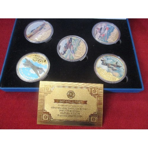 53 - SET OF 5 X 24K GOLD PLATED ANNIVERSARY OF THE RAF MEDALS - LIMITED EDITION 1000 - LANCASTER, HURRICA... 