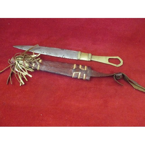 58 - VINTAGE NIGERIAN STEEL AND BRASS KNIFE IN LEATHER SHEATH