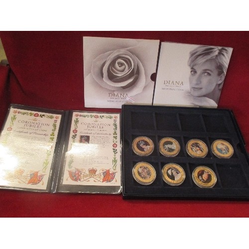 60 - BOX OF 7 X 2013 CORONATION JUBILEE FIFTY PENCE COIN MEDALS IN STEEL WITH 24 CARAT GOLD PLATING  TOGE... 