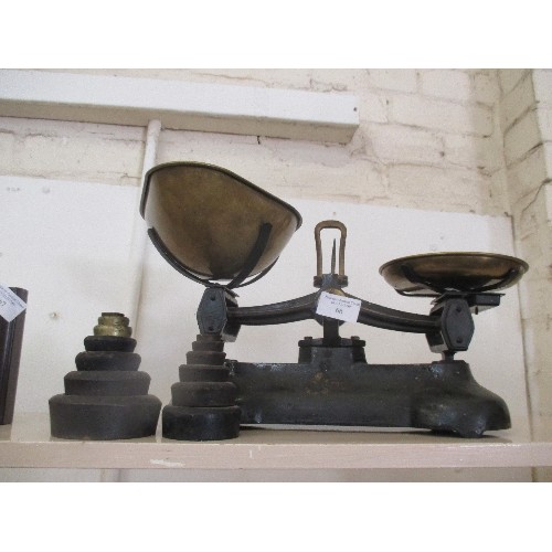 66 - VINTAGE LIBRA KITCHEN SCALES. COMPLETE WITH SET OF IMPERIAL WEIGHTS, BRASS SCOOP & DISH.