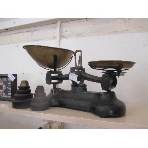 66 - VINTAGE LIBRA KITCHEN SCALES. COMPLETE WITH SET OF IMPERIAL WEIGHTS, BRASS SCOOP & DISH.