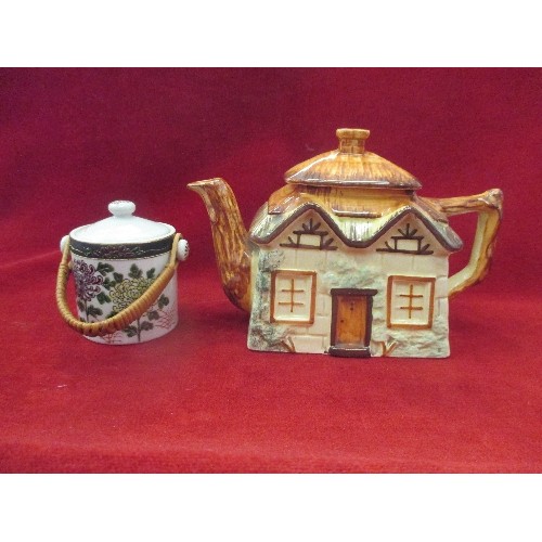 78 - STAFFORDSHIRE COTTAGE WARE TEA POT, ALSO ANOTHER SMALL LIDDED POT.