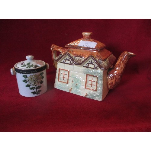 78 - STAFFORDSHIRE COTTAGE WARE TEA POT, ALSO ANOTHER SMALL LIDDED POT.