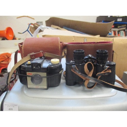 107 - AQUILIUS 8 X 25 BINOCULARS IN CASE AND A VINTAGE KODAK 127 BROWNIE CAMERA IN CASE