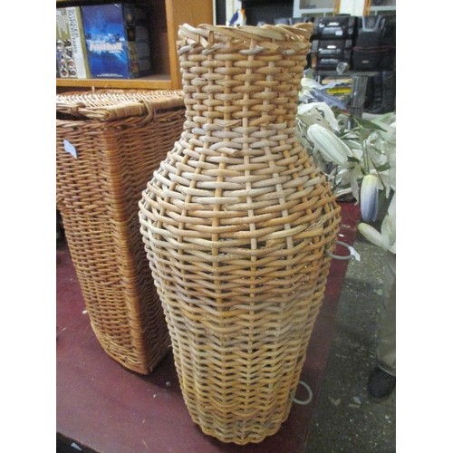 113 - TALL WICKER BASKET/CARRIER WITH METAL RINGS TO CARRY/HANG? 70CM H.