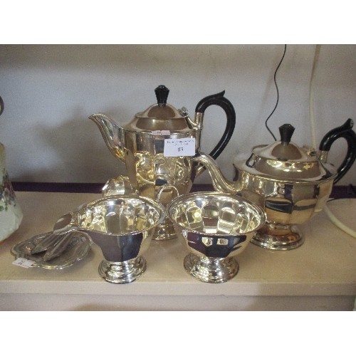 83 - VINTAGE EPNS TEA-SET, ALSO A PAIR OF SERVING SPOONS AND ENGRAVED TRAY.