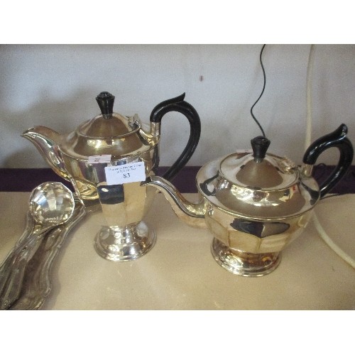 83 - VINTAGE EPNS TEA-SET, ALSO A PAIR OF SERVING SPOONS AND ENGRAVED TRAY.