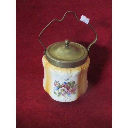 84 - VINTAGE BRIDGWOOD BISCUIT BARREL. CERAMIC WITH SILVER-PLATE LID.