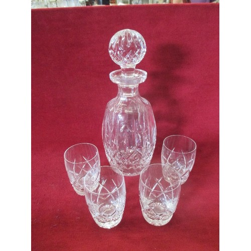 88 - CUT GLASS DECANTER WITH HEAVY STOPPER, ALSO 4 WHISKY TUMBLERS.