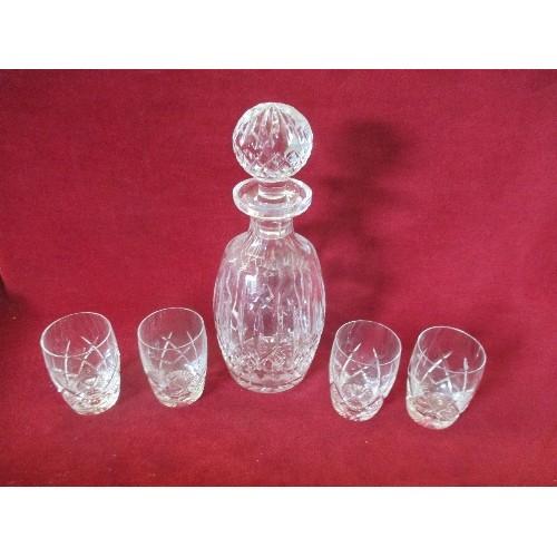 88 - CUT GLASS DECANTER WITH HEAVY STOPPER, ALSO 4 WHISKY TUMBLERS.