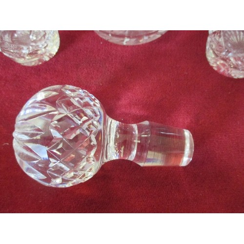 88 - CUT GLASS DECANTER WITH HEAVY STOPPER, ALSO 4 WHISKY TUMBLERS.