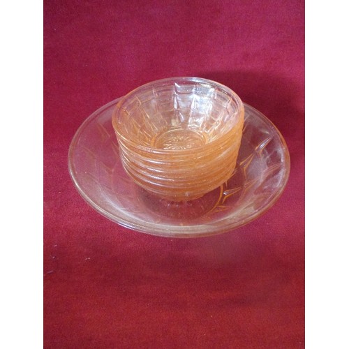 91 - VINTAGE SALMON-PINK GLASS TRIFLE BOWL WITH 6 MATCHING DISHES.