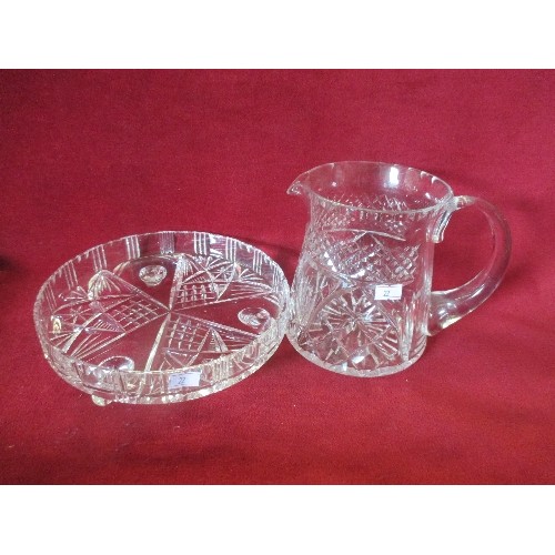 101 - LOVELY CUT-GLASS MILK/WATER JUG AND 3 LEGGED CUT-GLASS TRAY.