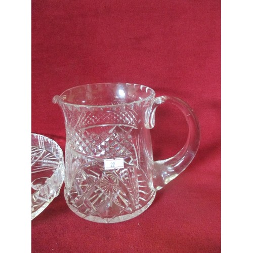 101 - LOVELY CUT-GLASS MILK/WATER JUG AND 3 LEGGED CUT-GLASS TRAY.