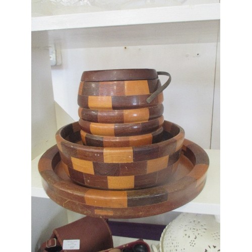 103 - VINTAGE WOODEN BISCUIT BARREL, WITH MATCHING TRAY AND FRUIT BOWL.