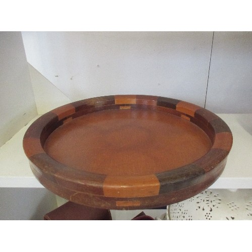 103 - VINTAGE WOODEN BISCUIT BARREL, WITH MATCHING TRAY AND FRUIT BOWL.