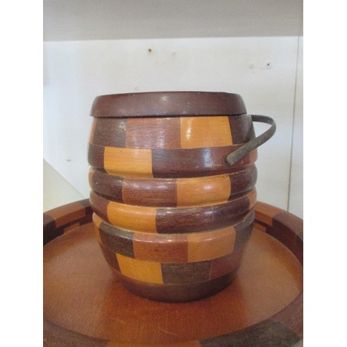 103 - VINTAGE WOODEN BISCUIT BARREL, WITH MATCHING TRAY AND FRUIT BOWL.