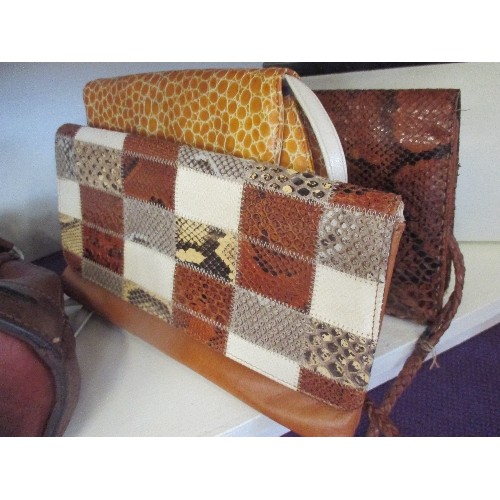 104 - 5 VINTAGE HANDBAGS. INCLUDES 2 LEATHER SNAKESKIN, A 1960'S TAN 'BALLY' , A RED STRIPE MOD GIRL BAG. ... 