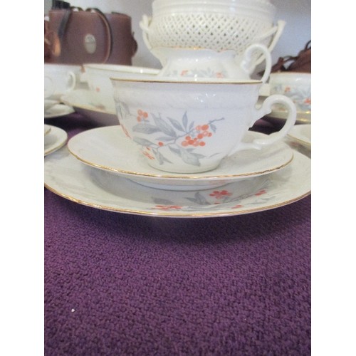 106 - VINTAGE TEA SERVICE, INCLUDES LARGE TEAPOT, CAKE PLATE & 6 TRIOS.