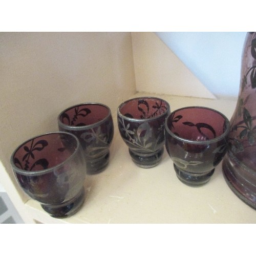 128 - ITALIAN[FLORENCE] GLASS CARAFE WITH 4 SHOT GLASSES,  ETCHED PLUM COLOURED PATTERNED GLASS.